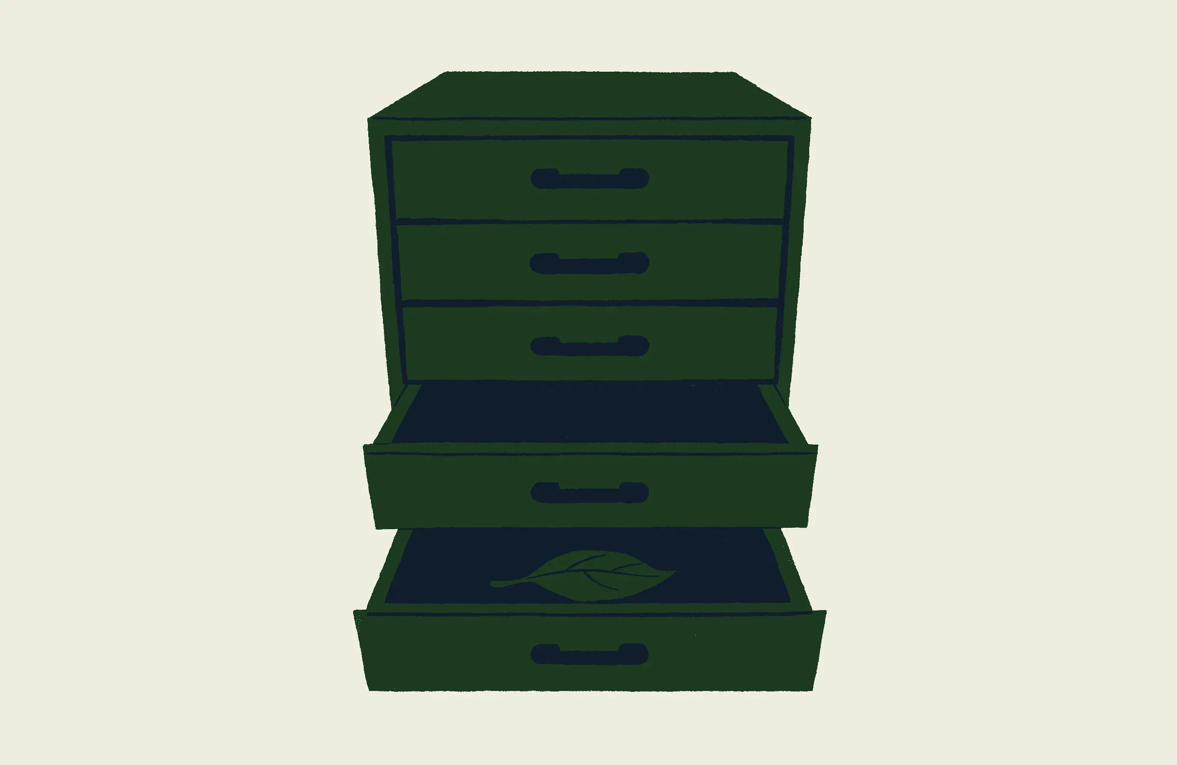 An archive chest with two drawers pulled open, the lower one holding a single leaf and nothing else