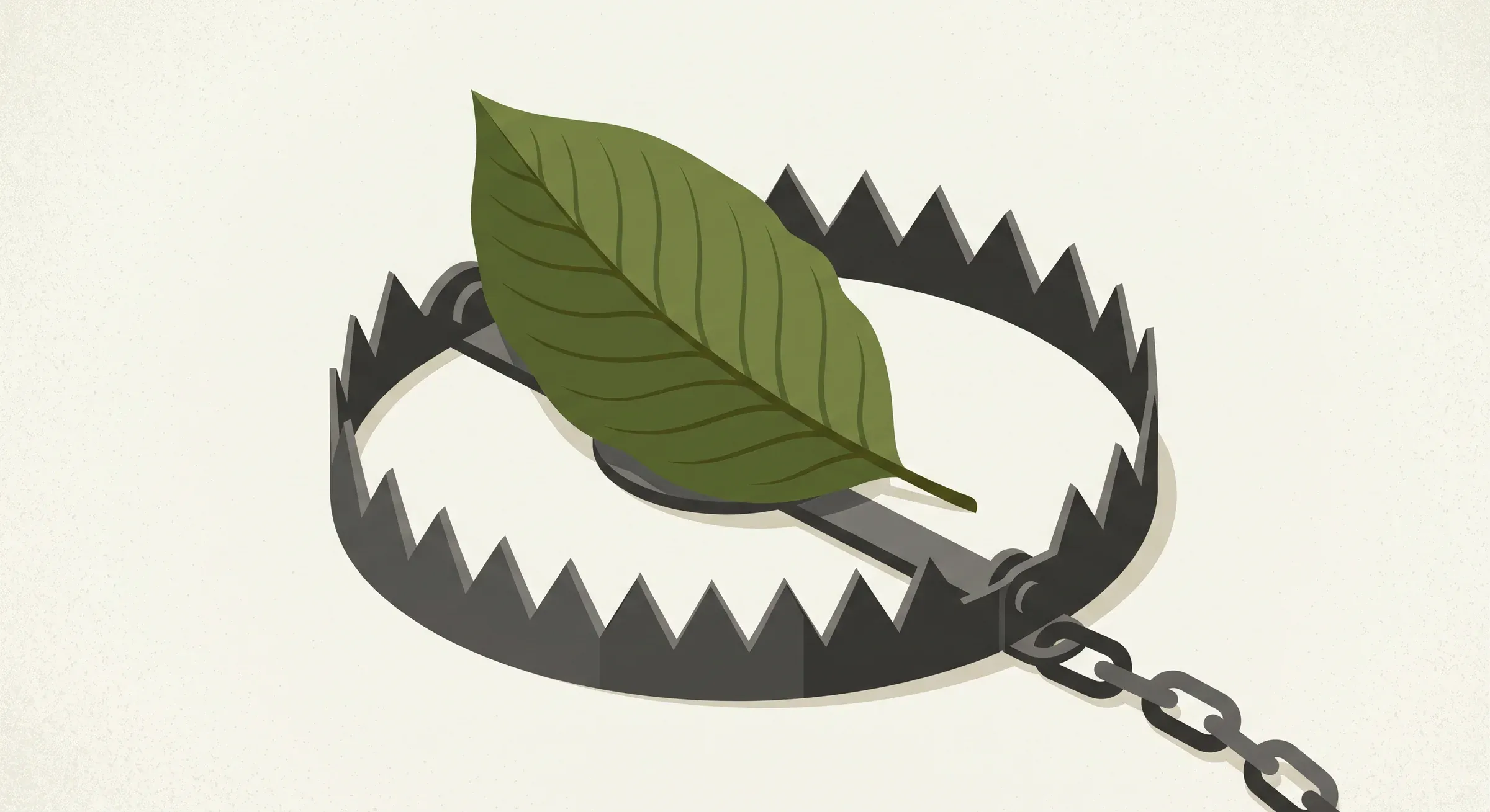 A single leaf lying across the open jaws of a set spring trap, its chain trailing off to one side