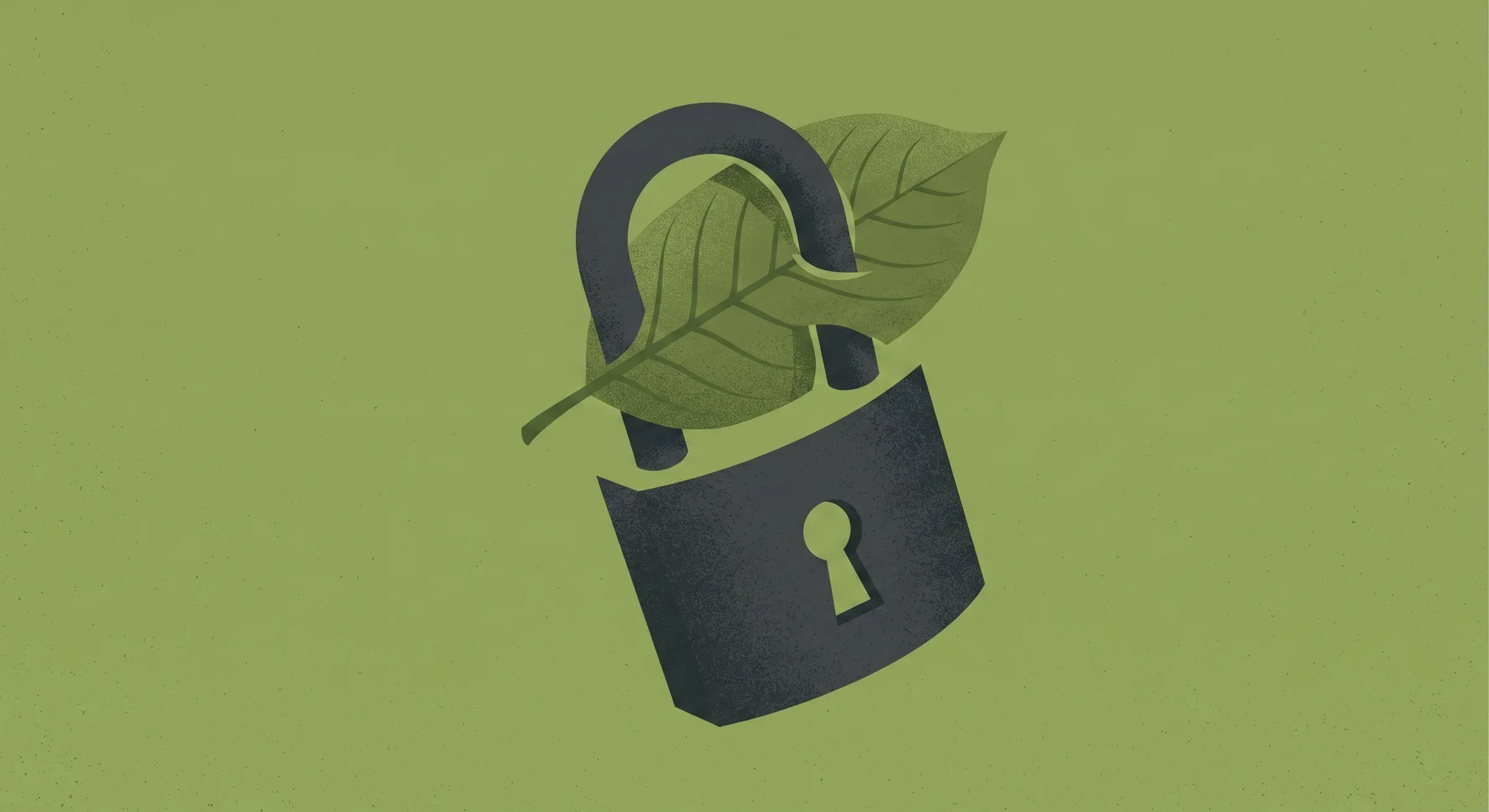 A closed padlock with a leafy sprig caught in its shackle, so neither the lock nor the sprig can come free
